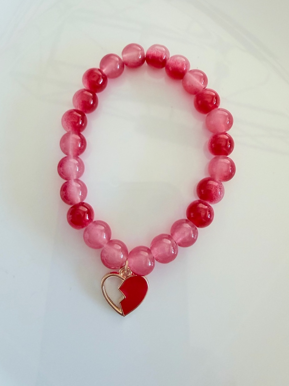 Two-Tone Pink & Red Beaded Bracelet with Heart Charm